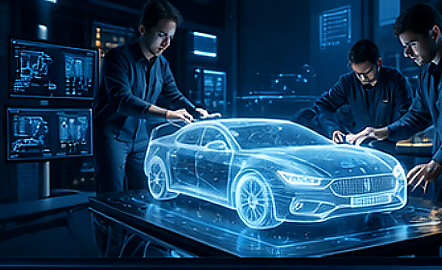 Engineers working with a digital twin car